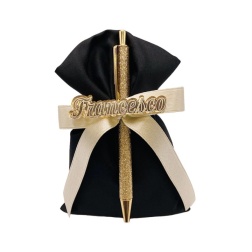 Bomboniera compleanno penna oro sacco nero nome